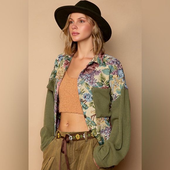 447. POL LAST 1! shacket Floral Jacquard Button Contrast Thermal Long Sleeve - Picture 3 of 5